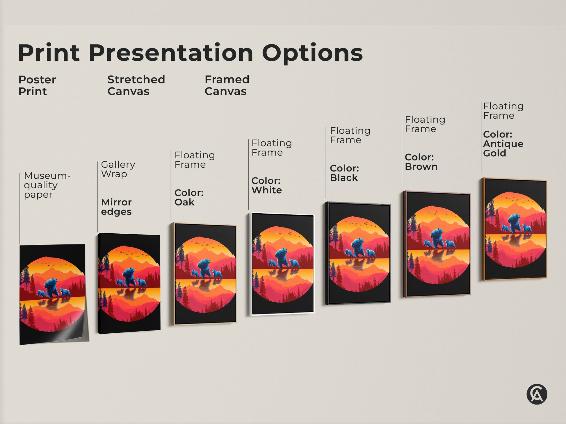 Explore print presentation options for the Blue Bear Family artwork. Choose between poster prints stretched canvas and framed canvas. Available with gallery wrap mirror edges and floating frame options in various colors for your house.