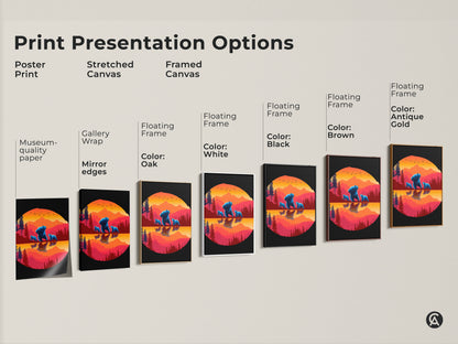 Explore print presentation options for the Blue Bear Family artwork. Choose between poster prints stretched canvas and framed canvas. Available with gallery wrap mirror edges and floating frame options in various colors for your house.