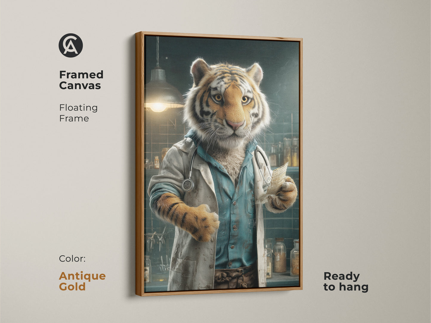 A framed canvas featuring a tiger dressed as a doctor. The frame is an antique gold color. The canvas has a floating frame style and is ready to hang. This artwork is a sophisticated way to add a touch of whimsy to your space