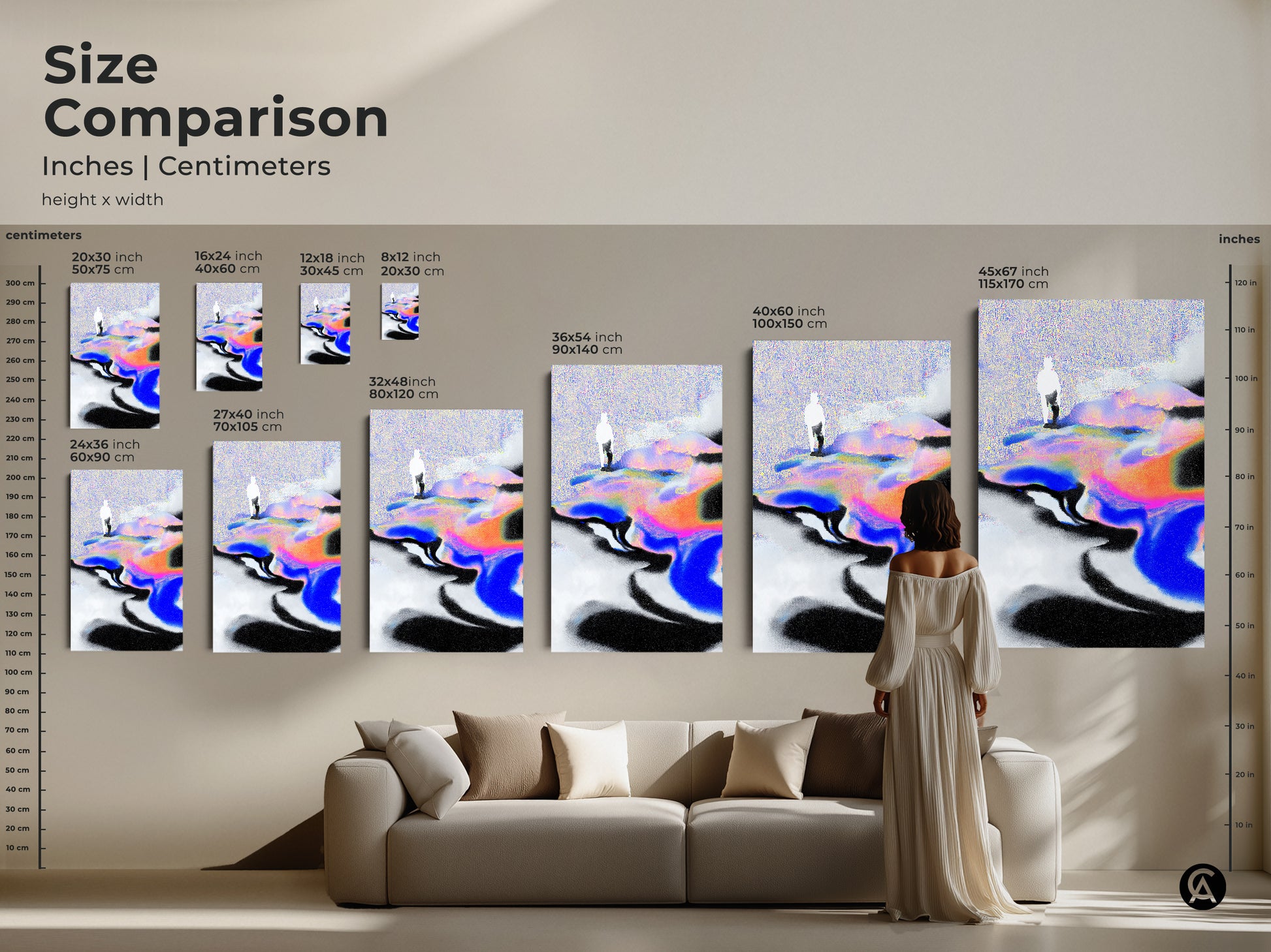 Size comparison of abstract figure art canvas prints. See various sizes displayed above a sofa for scale. A woman stands near a large canvas. Perfect for visualizing art in your living room or office space.