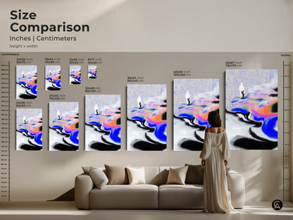 Size comparison of abstract figure art canvas prints. See various sizes displayed above a sofa for scale. A woman stands near a large canvas. Perfect for visualizing art in your living room or office space.