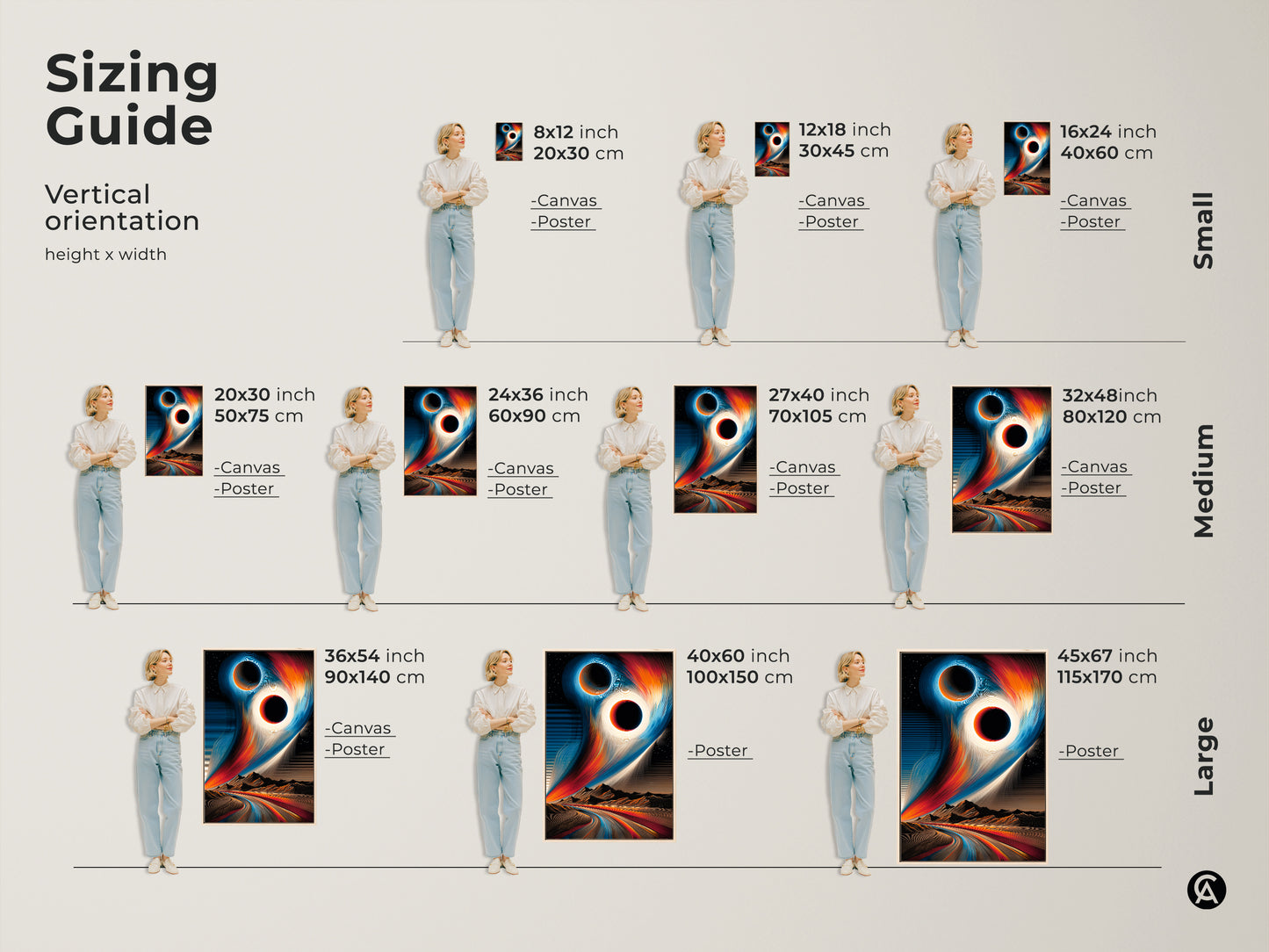 Sizing guide for vertical abstract space art. Canvas and poster options are available in small medium and large sizes. Ideal for sci-fi bedroom art. The artwork is a stargazer gift print.