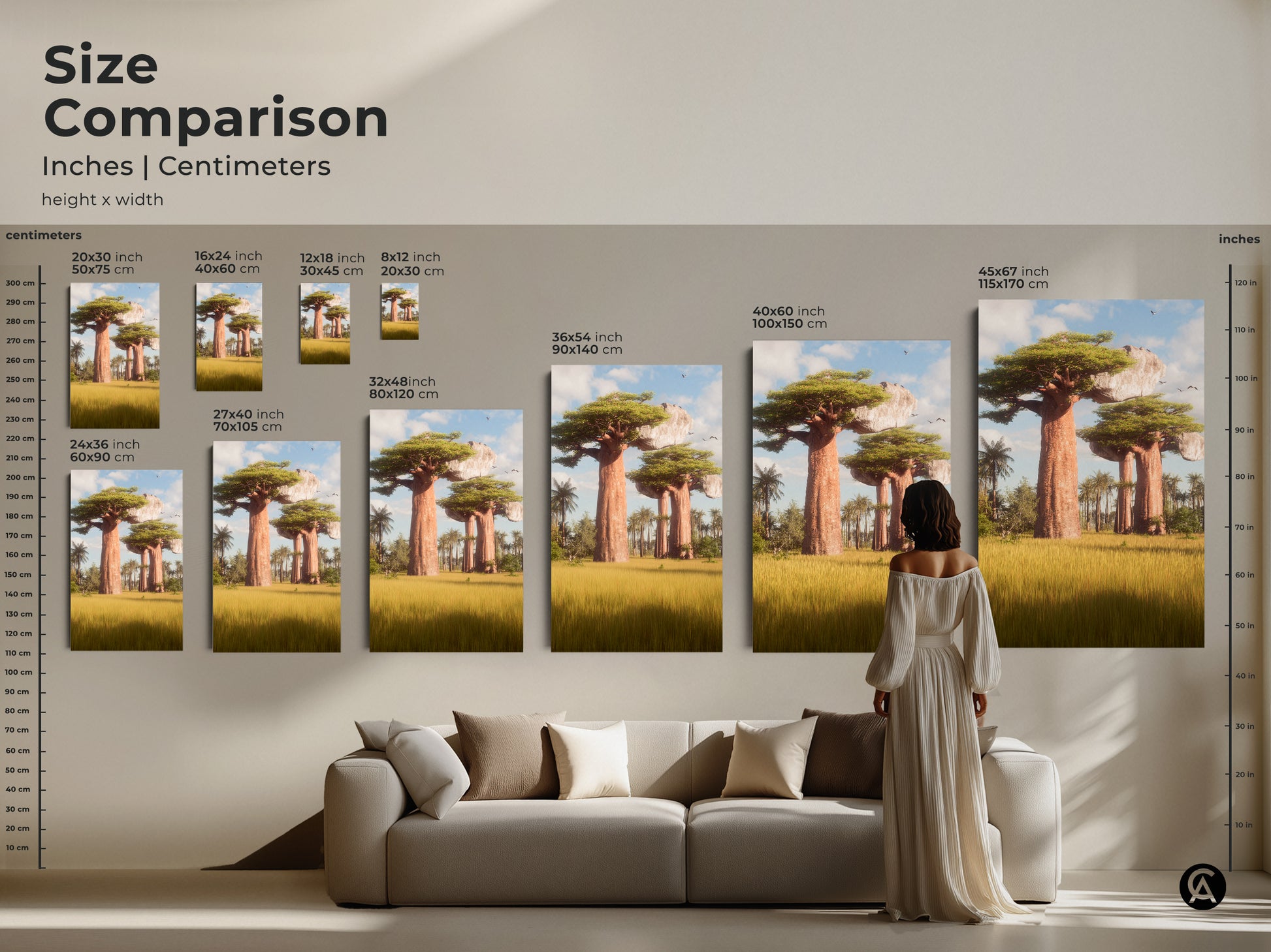 Size comparison of African Baobab tree artworks. This print makes a wanderlust gift idea. See how different sizes look above a sofa. Tropical savanna print in various dimensions. This brown yellow green art is unique tree wall decor.