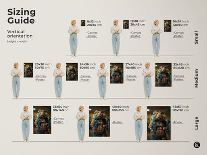 Sizing guide for a funny bodybuilder hamster artwork. Vertical orientation options include small medium and large sizes. Canvas and poster prints are available. Find the perfect fit for your office man cave or gym. A unique gift for fitness enthusiasts.