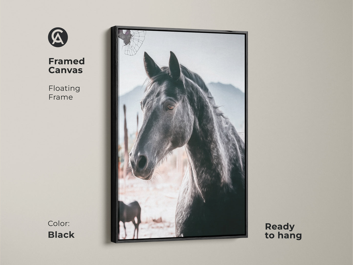 Black framed canvas featuring a photorealistic horse. The floating frame enhances this rustic wildlife art. Ready to hang it brings animal photography and equestrian style to any space. A great gift for horse lovers this artwork adds a touch of nature.