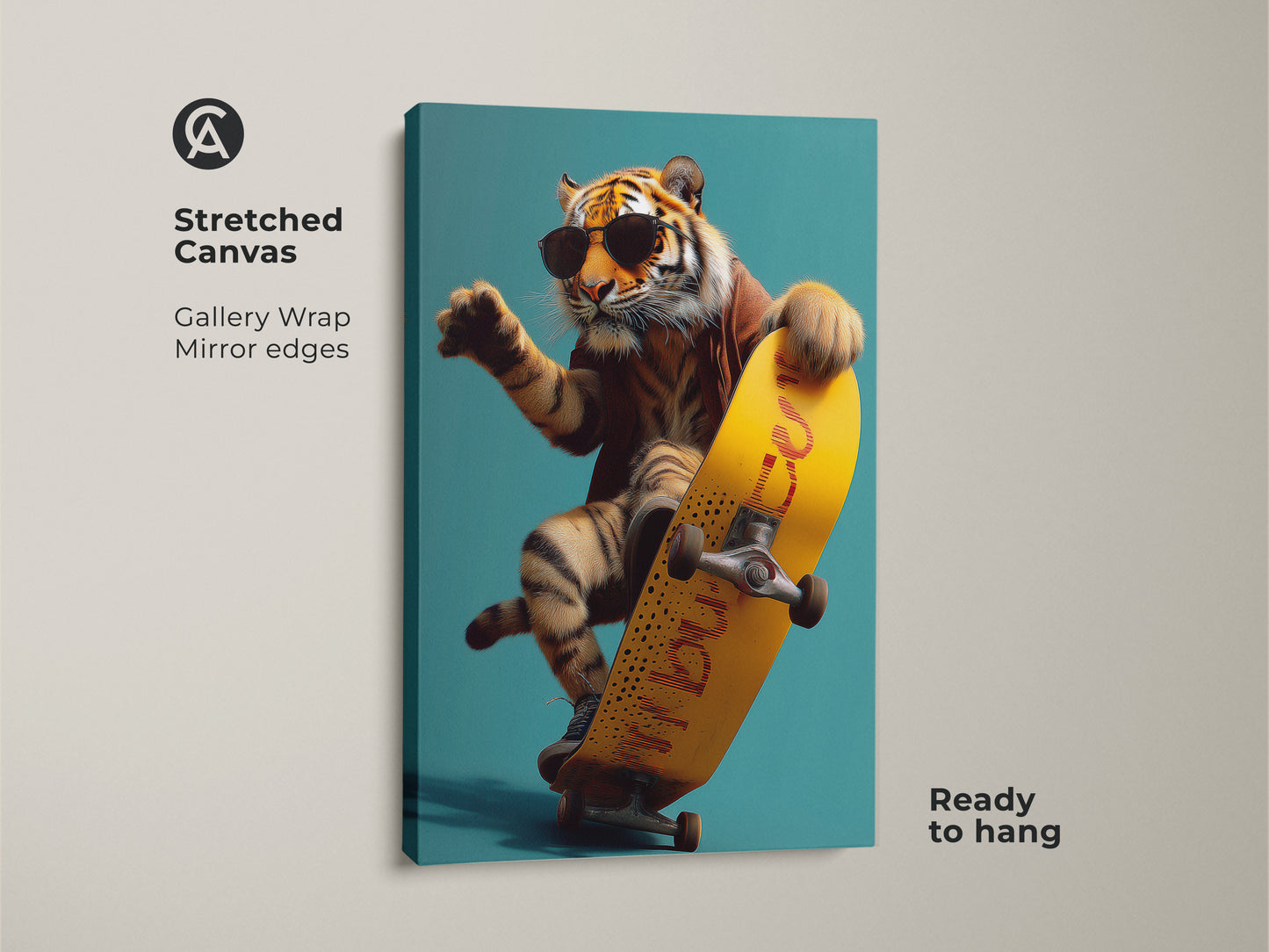The stretched canvas gallery wrap features a surreal urban art piece. It shows a tiger skateboarder art print ready to hang. This eclectic wildlife print is perfect for teen room wall decor.