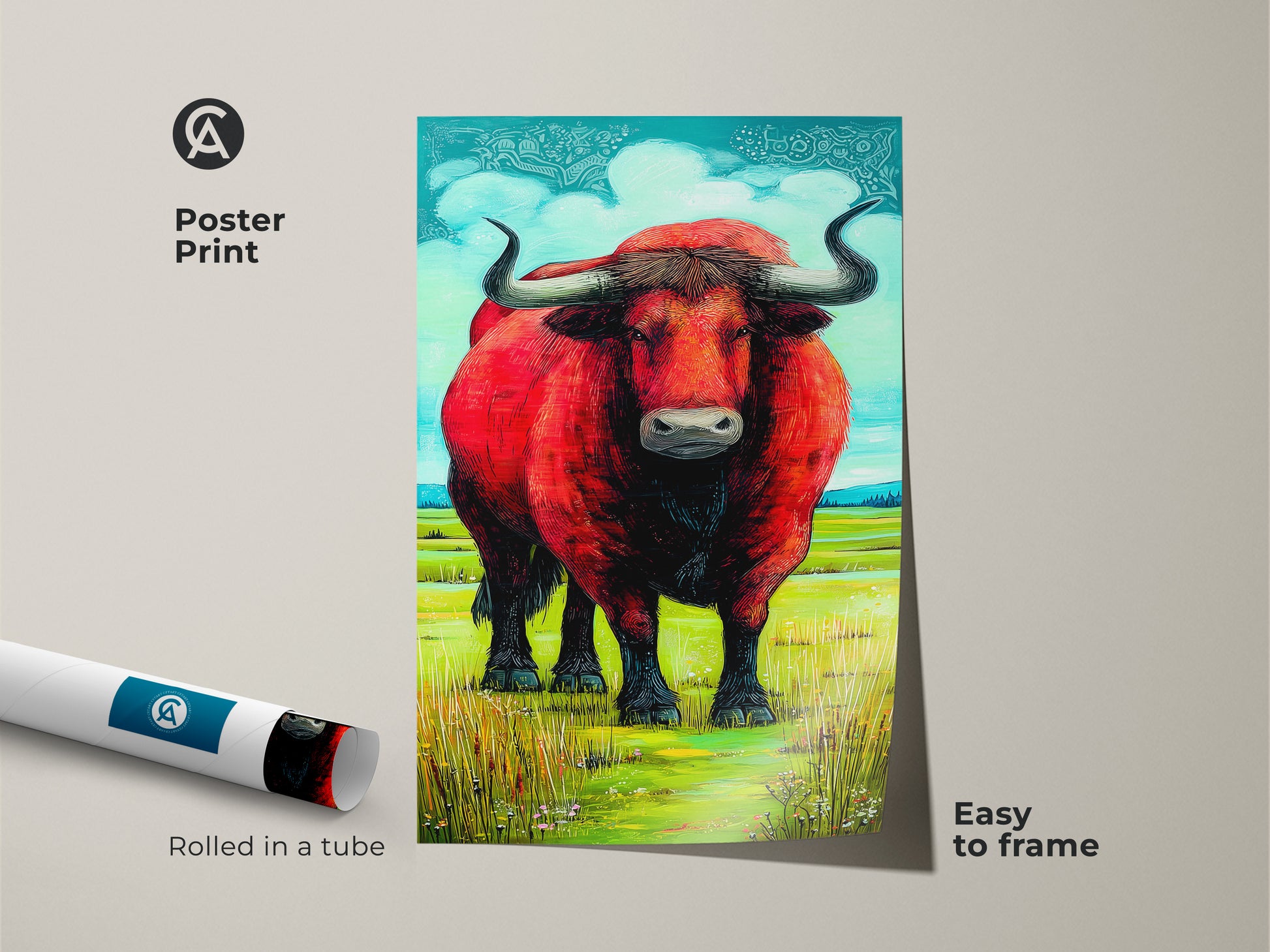 A rolled poster print features a striking red bull in a landscape setting. The animal artwork is easy to frame and adds a rustic touch. This is a unique animal art gift that's perfect for those who appreciate bold color and farm animal wall hangings.