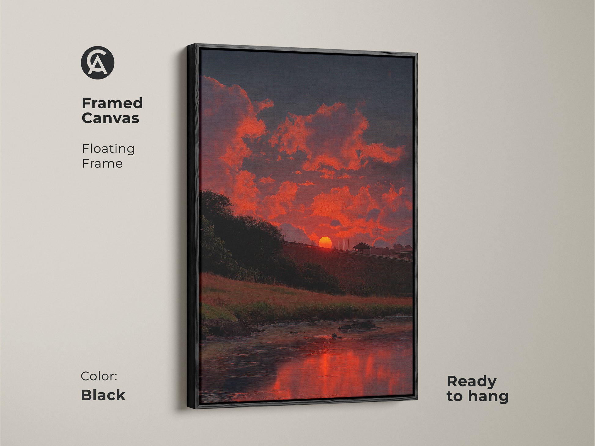 Framed canvas with a black floating frame displays a fiery sunset. The impressionistic landscape features orange clouds and a dark blue sky. Ready to hang this nature wall decor brings the beauty of the outdoors inside. The sunset's reflection creates a peaceful ambiance. Perfect art print for your living room.