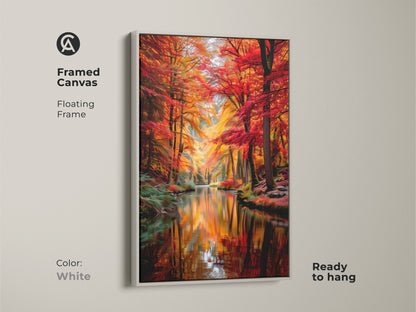Brighten your home with this framed canvas featuring an autumn forest. The white floating frame complements the vivid fall colors in this nature scenery artwork. The river landscape print offers a fresh contemporary look. Ready to hang it's an effortless decor update. Ideal for any room.