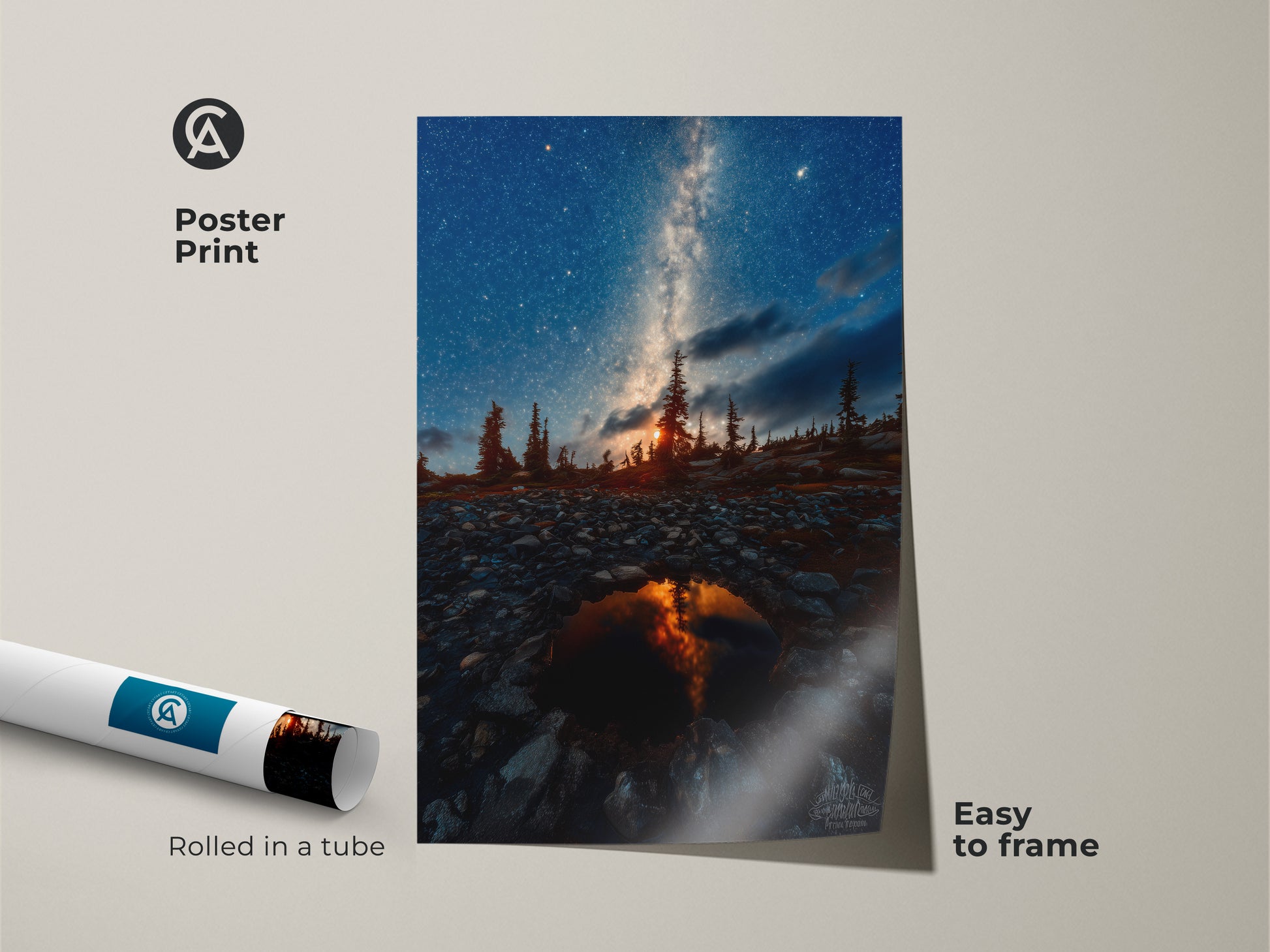 Museum-quality poster print of a starry night sky landscape. This astrophotography artwork shows the Milky Way over a pine tree forest. Rolled in a tube this deep blue wall art is easy to frame. The nature artwork is perfect for outdoor adventure art lovers. Bring cosmic wonder to your home.