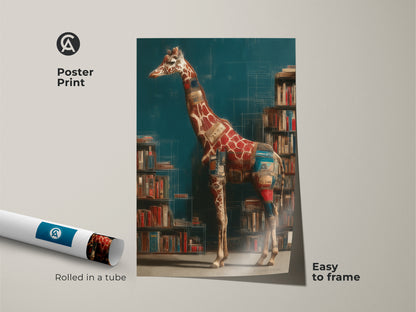 Poster print displays a surreal giraffe near bookshelves. Rolled in a tube this animal art piece provides eclectic study room decor. This literary wall art gift is easy to frame.