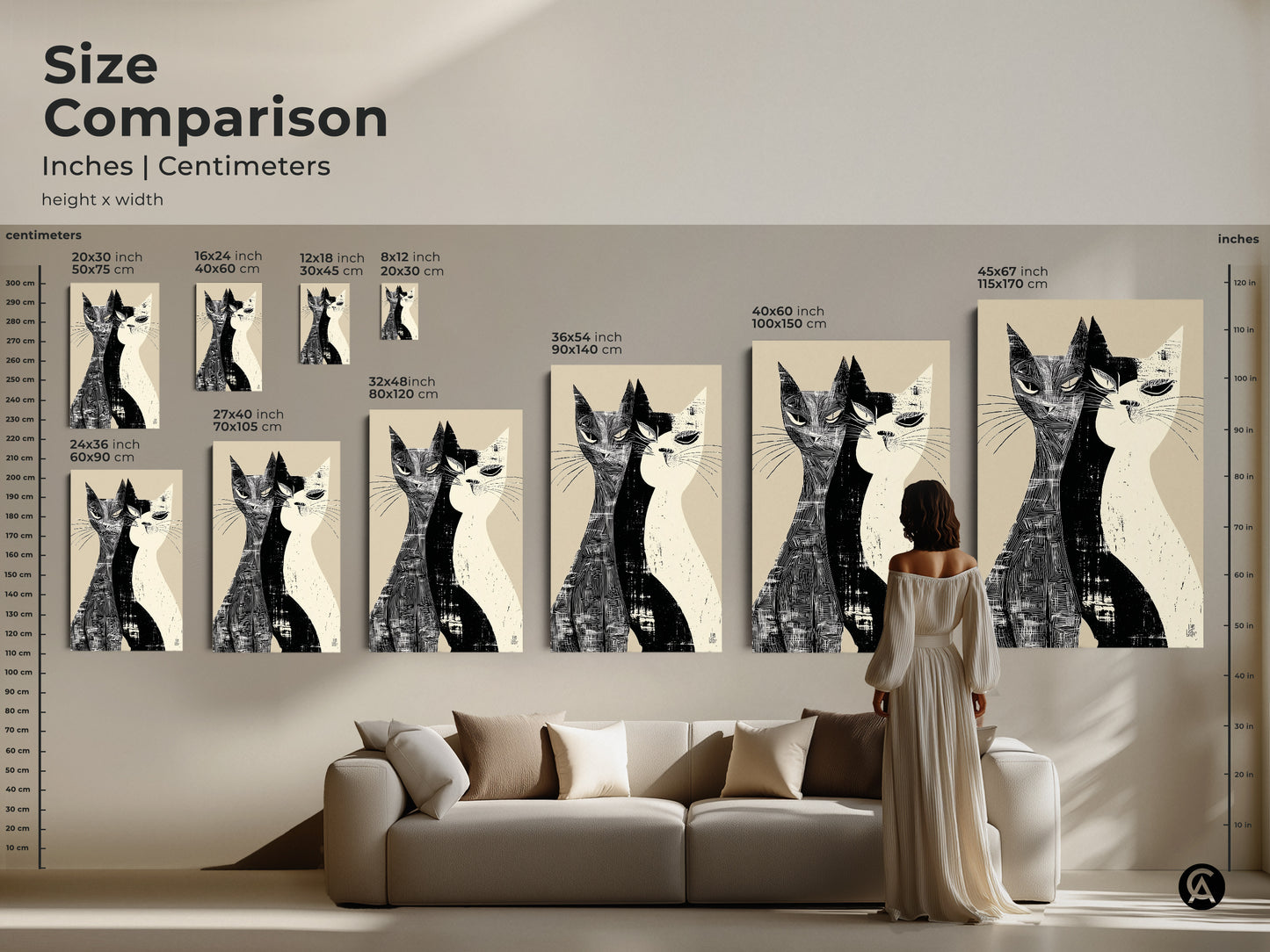 Size comparison of Mid-Century Modern cat artwork in inches and centimeters. See how the black and white linocut style art fits above a sofa. This minimalist cat decor is available in various sizes for canvas or poster prints perfect for any space.