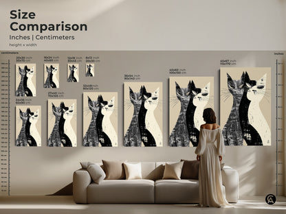 Size comparison of Mid-Century Modern cat artwork in inches and centimeters. See how the black and white linocut style art fits above a sofa. This minimalist cat decor is available in various sizes for canvas or poster prints perfect for any space.