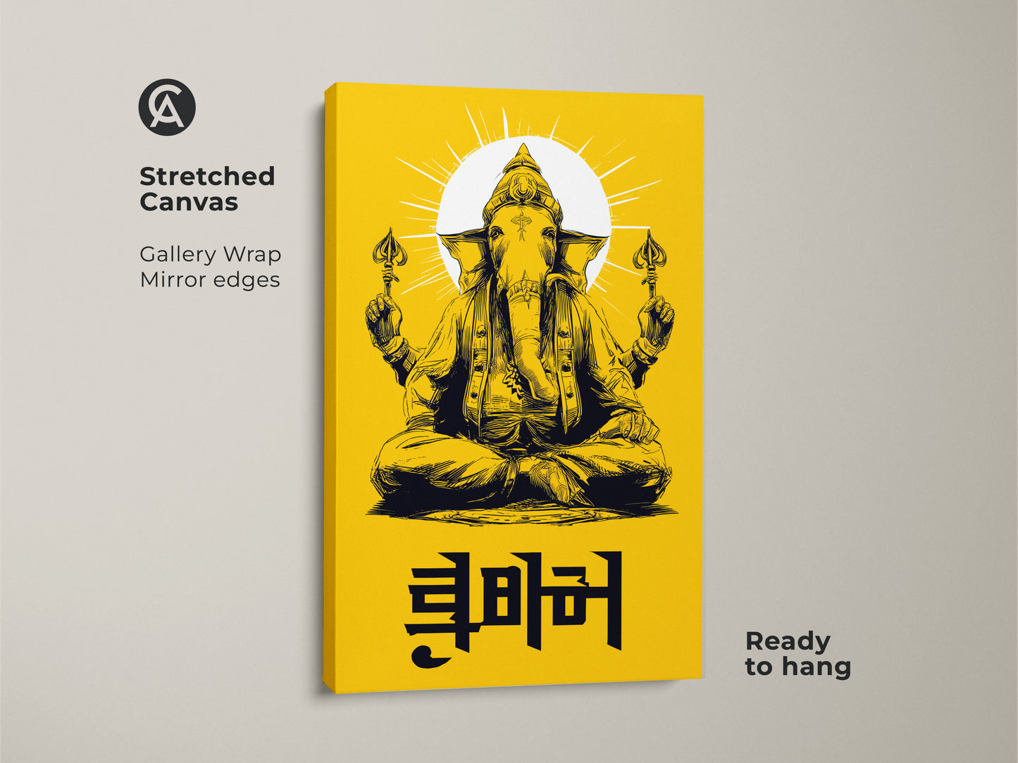 Stretched canvas of a yellow Ganesha line art print. The spiritual deity artwork is ready to hang. It features a gallery wrap with mirror edges. This mythology art print enhances any eclectic home decor. It is ideal for meditation.