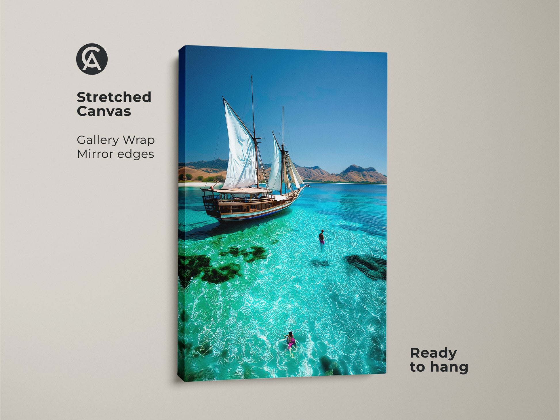 Elevate your decor with Sailboat Ocean Canvas Art. This coastal beach wall decor features a turquoise water art print. This nautical sailing artwork captures a summer beach scene. The travel ocean landscape shows swimmers in the ocean. Perfect as a beach house wall hanging. A thoughtful housewarming gift for beach lovers.