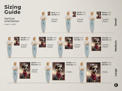 Sizing guide for Dapper Alpaca canvas and poster art. See how various sizes fit in a room setting. Artwork features an Alpaca with cowboy hat sunglasses and a red bandana. Perfect for animal lovers looking for eclectic home decor.