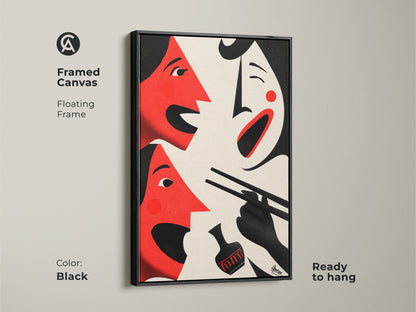 Framed canvas of red abstract face art with a sleek black floating frame. Ready to hang this piece adds a modern touch to your space. Featuring cream and black this figurative artwork is a great cultural gift. Elevate your dining room decor with this unique and bold artistic print today.