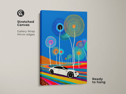 This is a gallery wrapped stretched canvas showcasing modern abstract art. This colorful car landscape print features an electric car on a vibrant road. The abstract blue sky and floral elements add a whimsical touch. Ready to hang and enjoy.