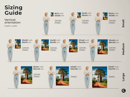 Sizing guide for vertical African Savanna art prints. Sizes range from small to large. Artwork includes canvas and poster options. The art features a Baobab tree and earth tones. Perfect for adding a boho touch.