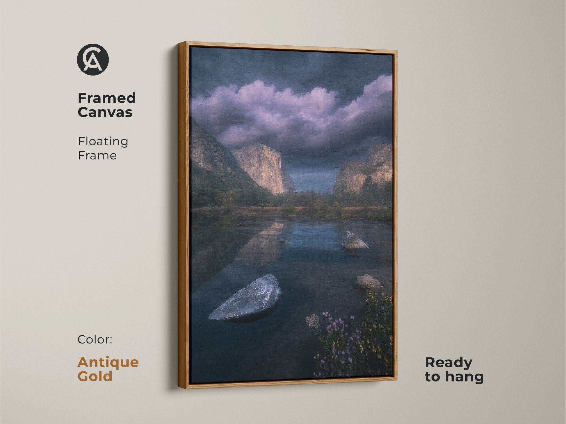 Antique Gold framed canvas of El Capitan and Merced River Yosemite. A floating frame adds elegance to this dark blue mountain landscape art. Ready to hang nature wall art for residential landscape decor. A photorealistic artwork perfect as a gift for hikers.