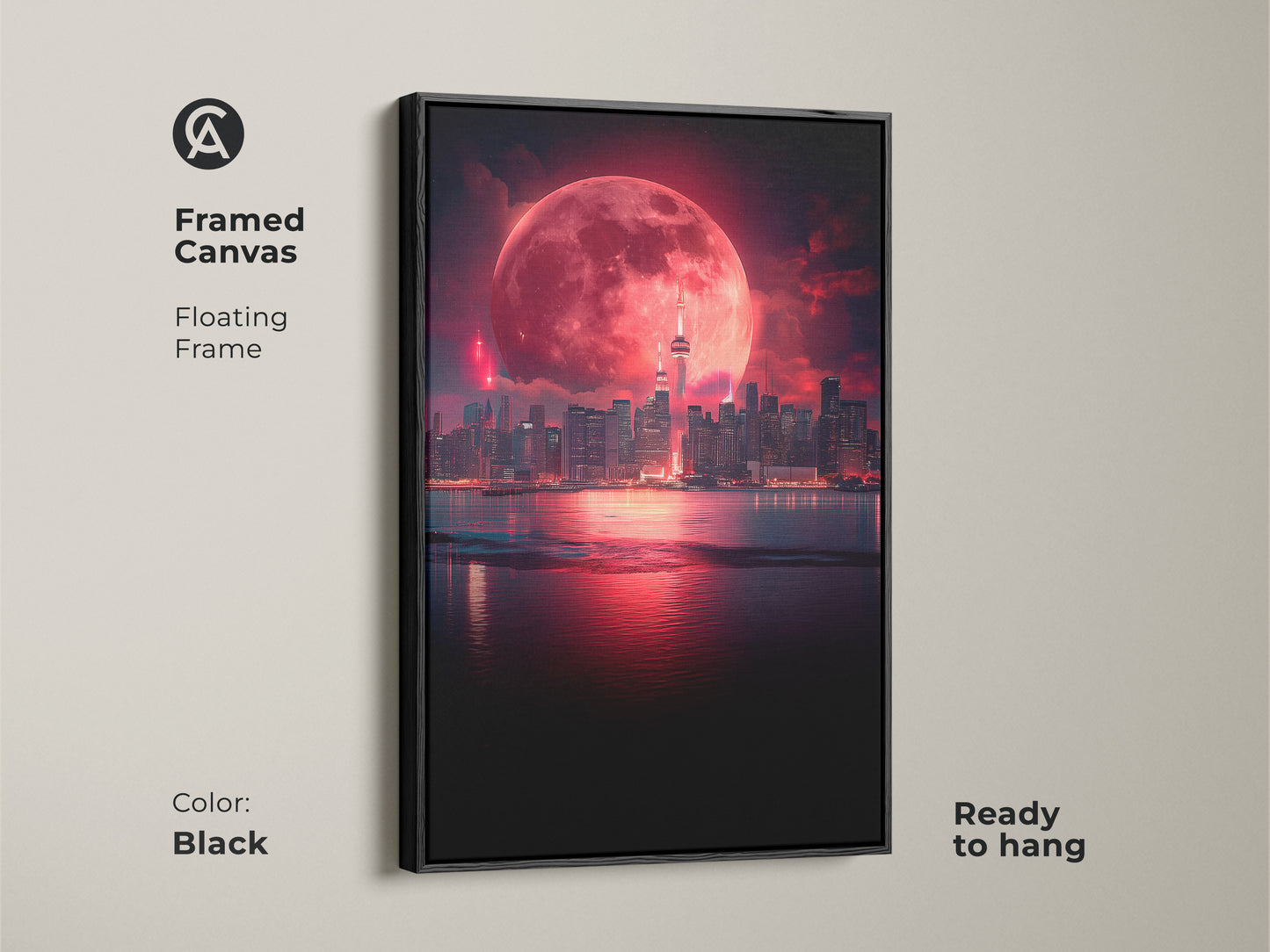 Framed canvas art featuring a surreal cityscape under a vibrant red moon. The floating black frame adds a sleek contemporary touch. This fantasy night sky print is ready to hang and enhances any space such as a modern office decor or an ethereal bedroom.
