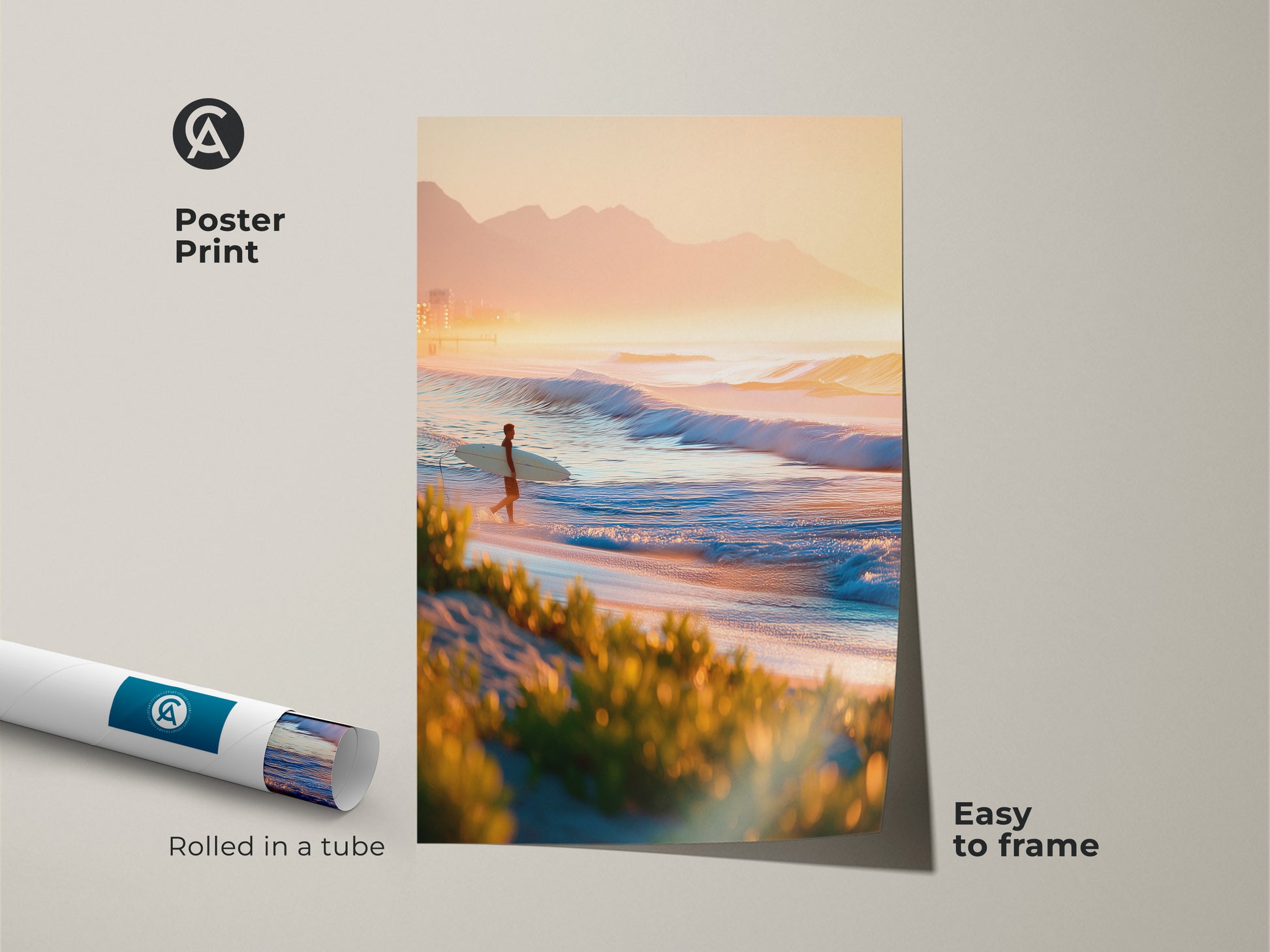 Poster print of a beach landscape. A surfer is silhouetted against the sunrise. Rolled in a tube for easy framing. Bring the tranquility of the ocean into your space with this coastal art print.