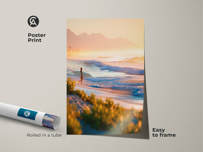 Poster print of a beach landscape. A surfer is silhouetted against the sunrise. Rolled in a tube for easy framing. Bring the tranquility of the ocean into your space with this coastal art print.