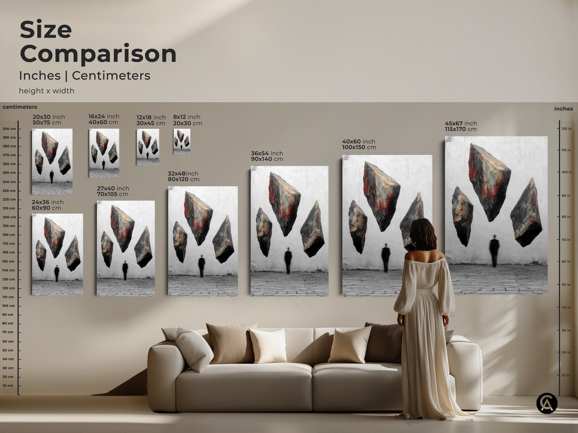 Size comparison shows surreal floating rocks artwork in various dimensions. Ranging from small to large find the perfect fit for your home. The man in suit art is a red black gray abstract piece. Perfect as study room wall art or abstract office decor. It makes a great gift for philosophical thinkers.