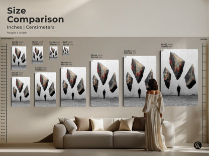 Size comparison shows surreal floating rocks artwork in various dimensions. Ranging from small to large find the perfect fit for your home. The man in suit art is a red black gray abstract piece. Perfect as study room wall art or abstract office decor. It makes a great gift for philosophical thinkers.