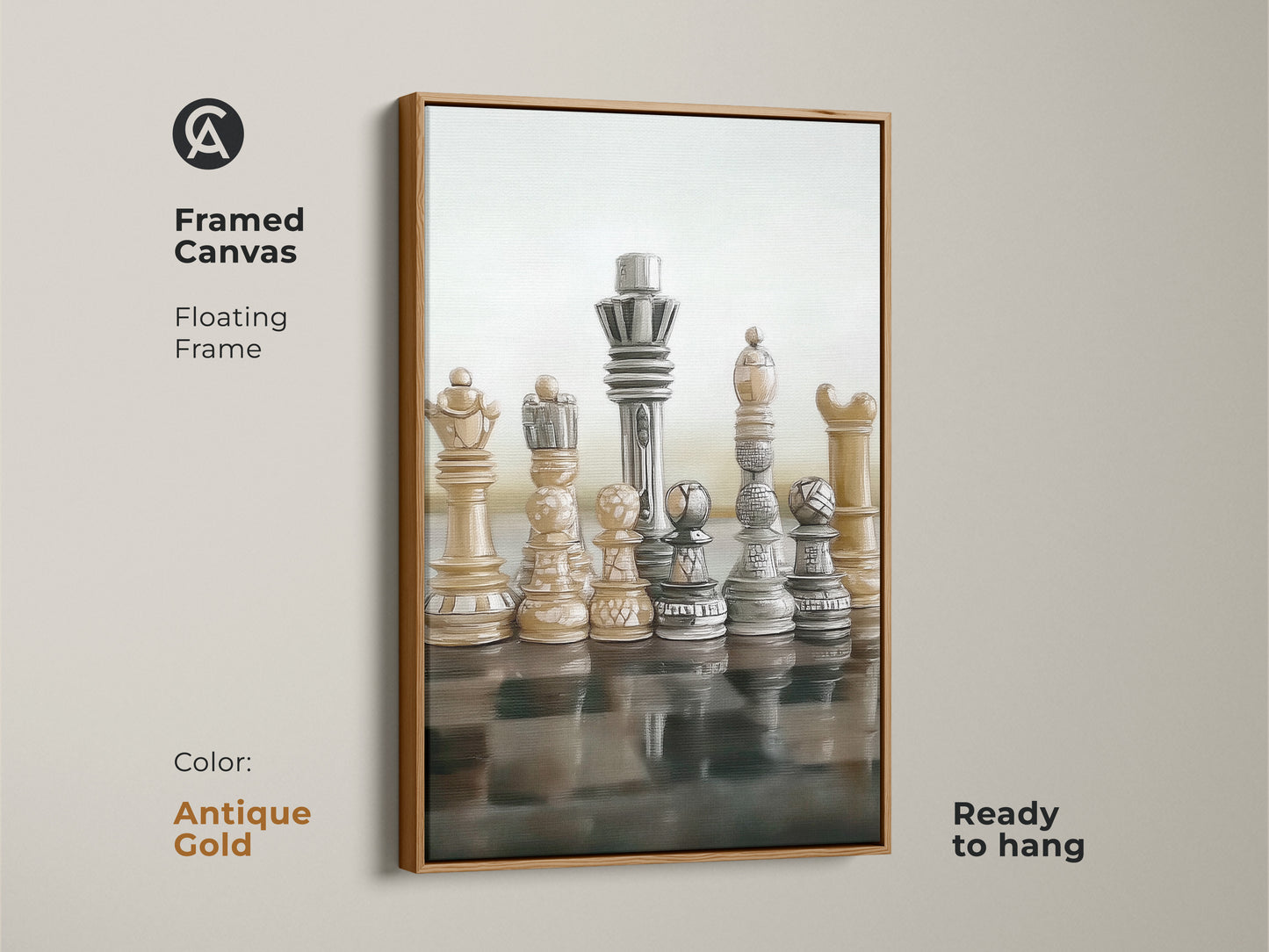 Enhance your space with framed canvas abstract chess art in an antique gold floating frame ready to hang. The realistic King and Queen figures bring strategy to life. Beige brown gray tones add warmth making it ideal for modern office artwork. Sophisticated strategy game decor for intellectual interiors.