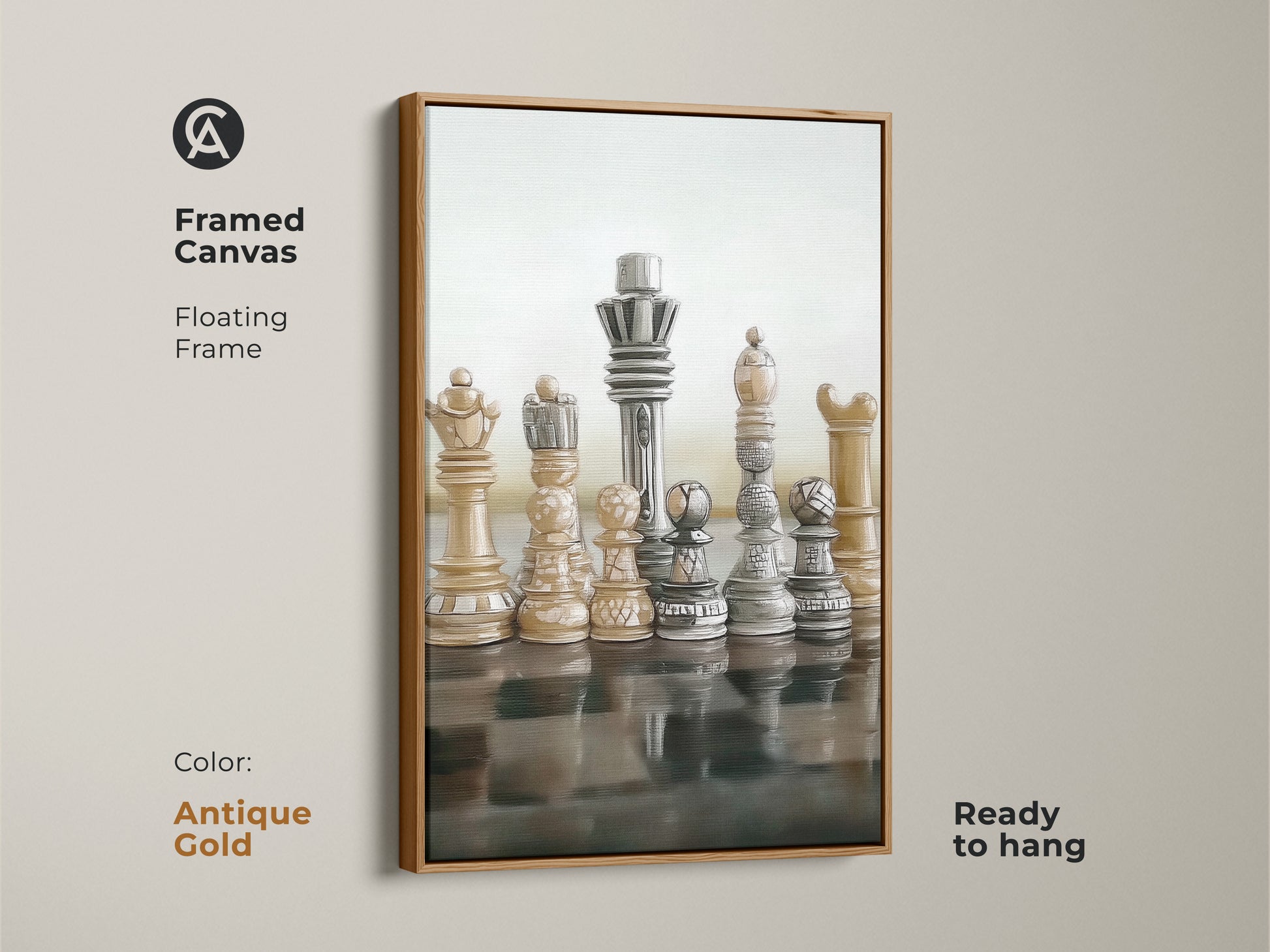 Enhance your space with framed canvas abstract chess art in an antique gold floating frame ready to hang. The realistic King and Queen figures bring strategy to life. Beige brown gray tones add warmth making it ideal for modern office artwork. Sophisticated strategy game decor for intellectual interiors.