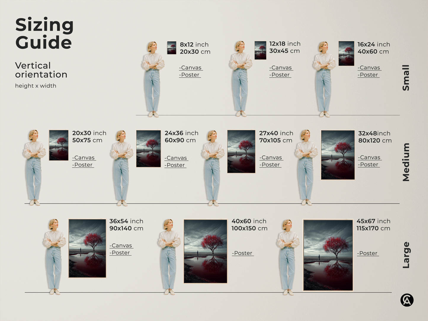 Sizing guide for surreal landscape art print shows vertical orientation options. Visualize canvas and poster sizes from small to large with models. Find the perfect fit for your space with dimensions in inches and centimeters. Choose the ideal size for bedroom or living room decor.