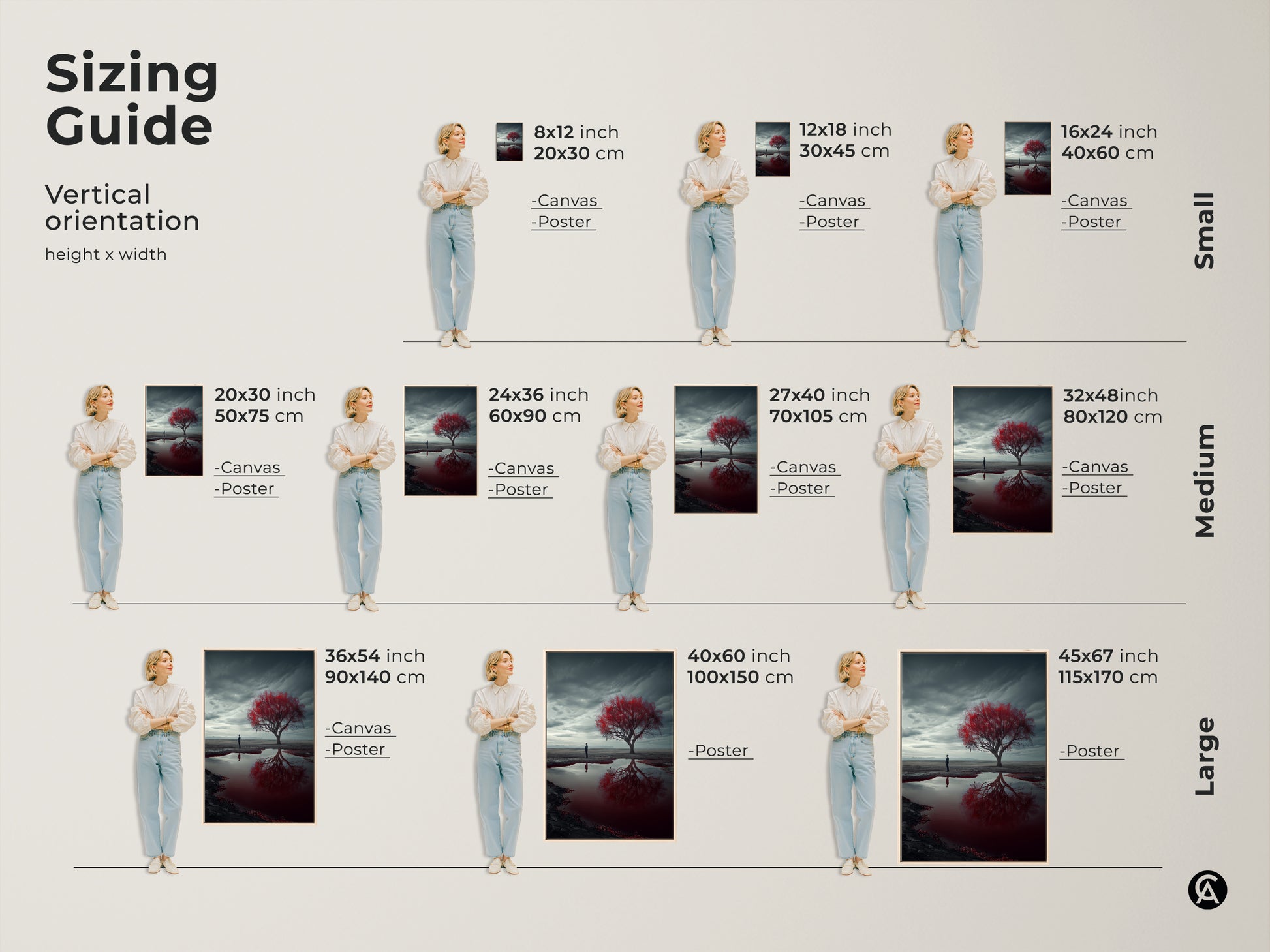 Sizing guide for surreal landscape art print shows vertical orientation options. Visualize canvas and poster sizes from small to large with models. Find the perfect fit for your space with dimensions in inches and centimeters. Choose the ideal size for bedroom or living room decor.
