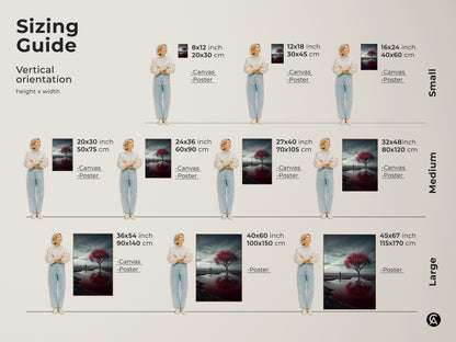 Sizing guide for surreal landscape art print shows vertical orientation options. Visualize canvas and poster sizes from small to large with models. Find the perfect fit for your space with dimensions in inches and centimeters. Choose the ideal size for bedroom or living room decor.