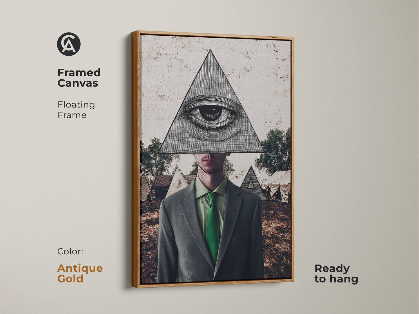 Antique gold framed canvas featuring a surrealist collage. Pyramid man artwork boasts an all-seeing eye. This green grey brown wall decor elevates any eclectic study or office.