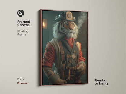 A framed canvas featuring a steampunk tiger artwork in a brown floating frame. This character portrait canvas shows a tiger dressed as a firefighter. Ready to hang it is perfect for themed man cave art. This unique animal artwork enhances study or office wall decor. A cool tiger painting.