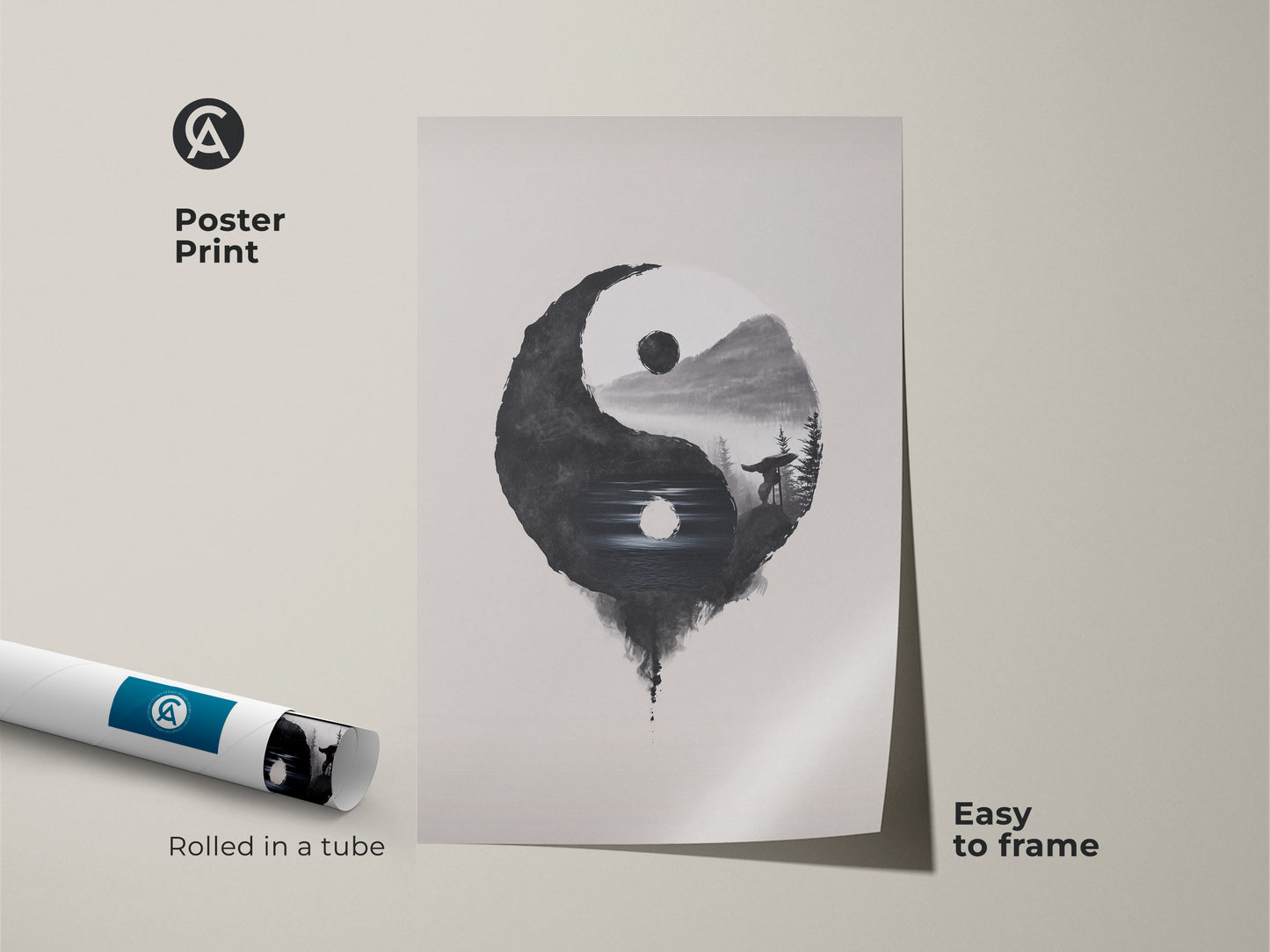 Poster Print of Yin Yang Wolf art is easy to frame. The minimalist ink wash print is rolled in a tube. Black white nature wall art is visible. Spiritual wolf artwork supports meditation. Perfect for mindfulness gift idea.