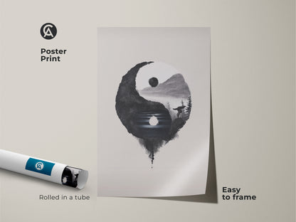 Poster Print of Yin Yang Wolf art is easy to frame. The minimalist ink wash print is rolled in a tube. Black white nature wall art is visible. Spiritual wolf artwork supports meditation. Perfect for mindfulness gift idea.