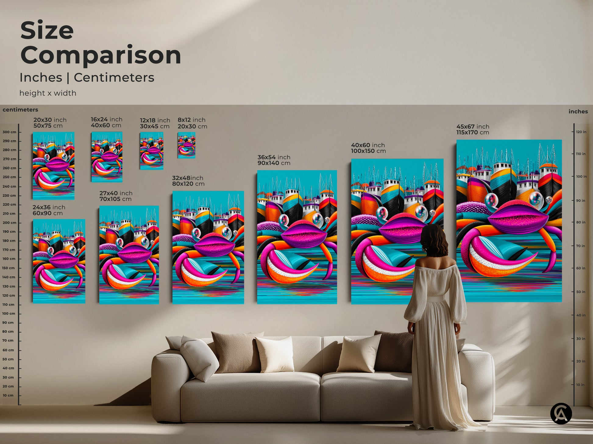Size comparison of Pop Art crab prints. Canvas and poster options in various sizes from small to large. Perfect for adding a vibrant touch to your home. Eclectic coastal artwork.