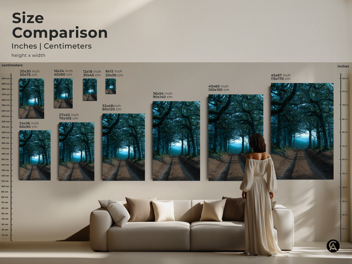 This size comparison showcases the emerald teal tree tunnel canvas in various dimensions. Visualize how this dark academia landscape fits above a sofa. Choose the ideal size for your nature inspired wall decor today.