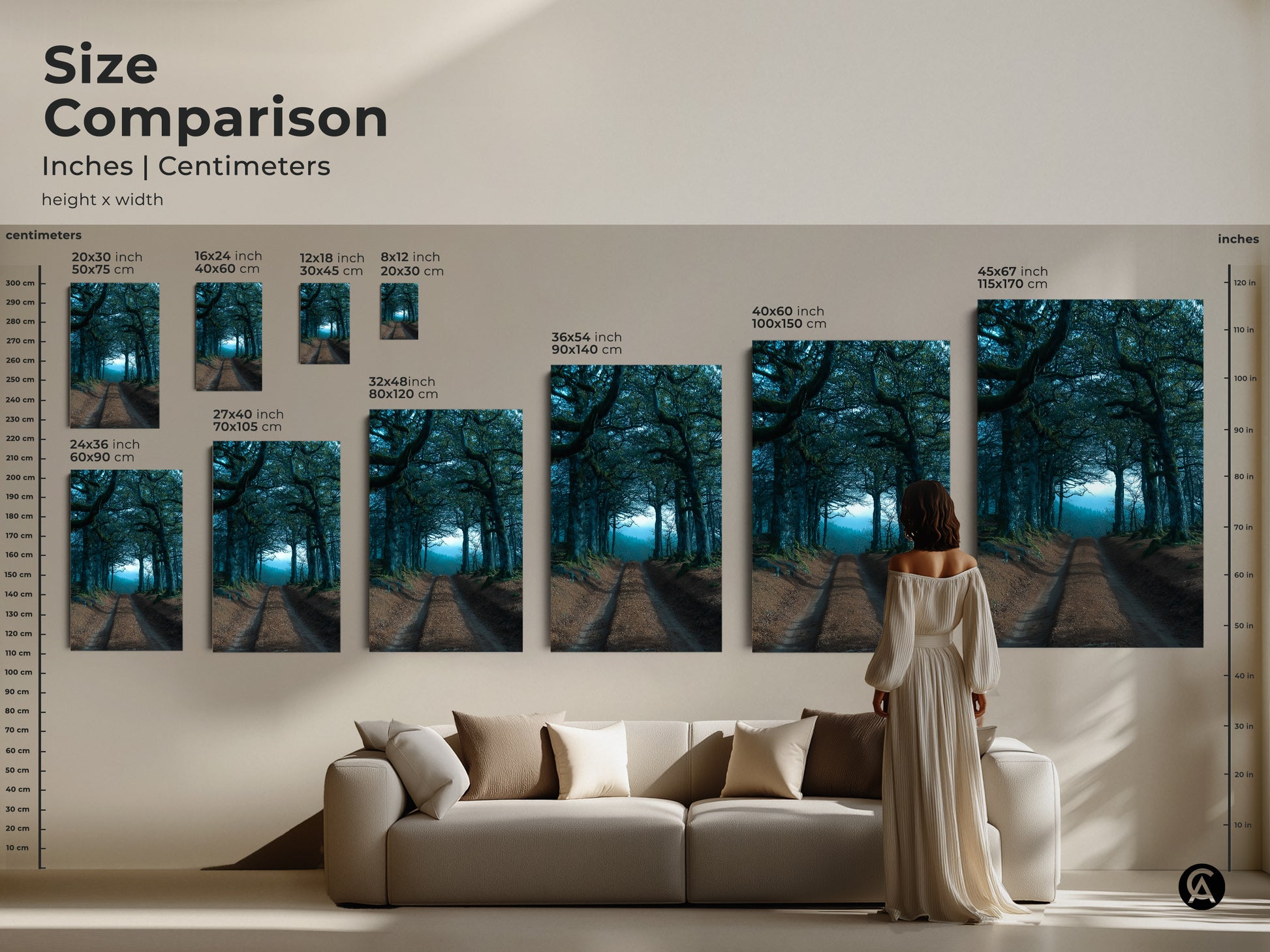 This size comparison showcases the emerald teal tree tunnel canvas in various dimensions. Visualize how this dark academia landscape fits above a sofa. Choose the ideal size for your nature inspired wall decor today.