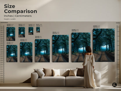 This size comparison showcases the emerald teal tree tunnel canvas in various dimensions. Visualize how this dark academia landscape fits above a sofa. Choose the ideal size for your nature inspired wall decor today.