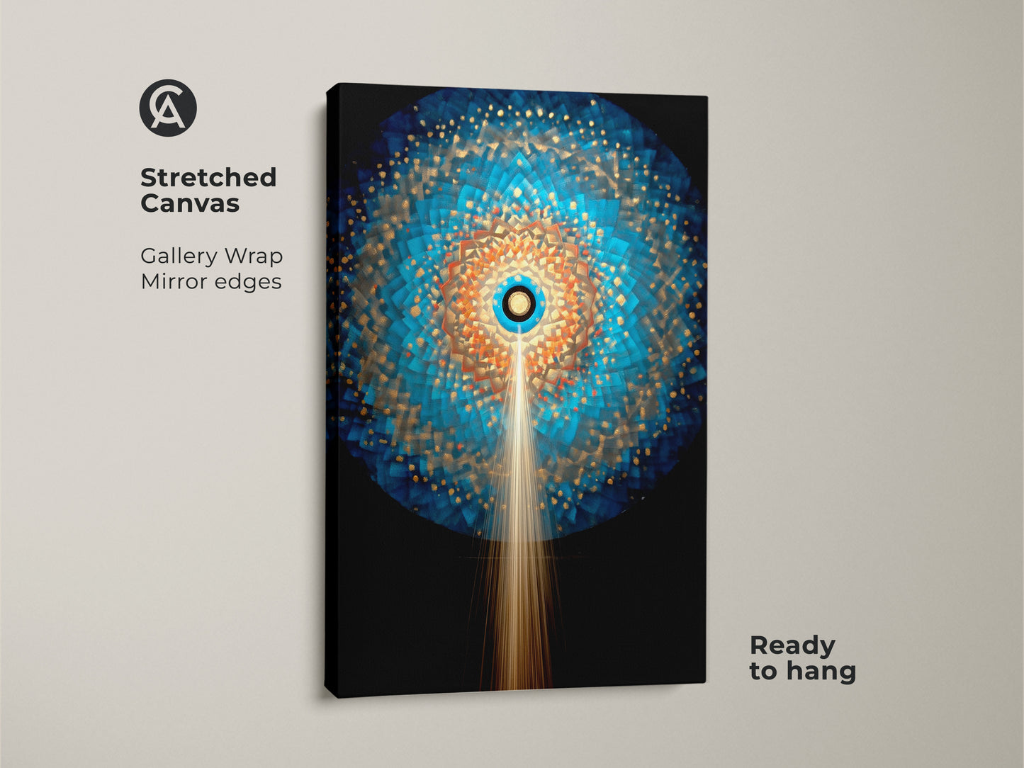 Stretched canvas art of a geometric abstract design. This deep blue gold canvas print showcases a sunburst mandala artwork. Ready to hang for easy wall decor. Gallery wrap with mirror edges.