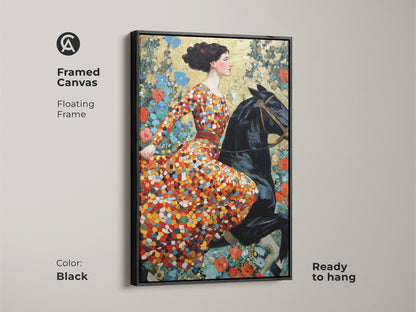 Framed canvas print of a woman on a black horse in art nouveau style. The floating frame is black and the artwork is ready to hang. This red orange gold floral art is perfect for eclectic homes. It makes a great art lover gift and adds a touch of vintage equestrian charm.
