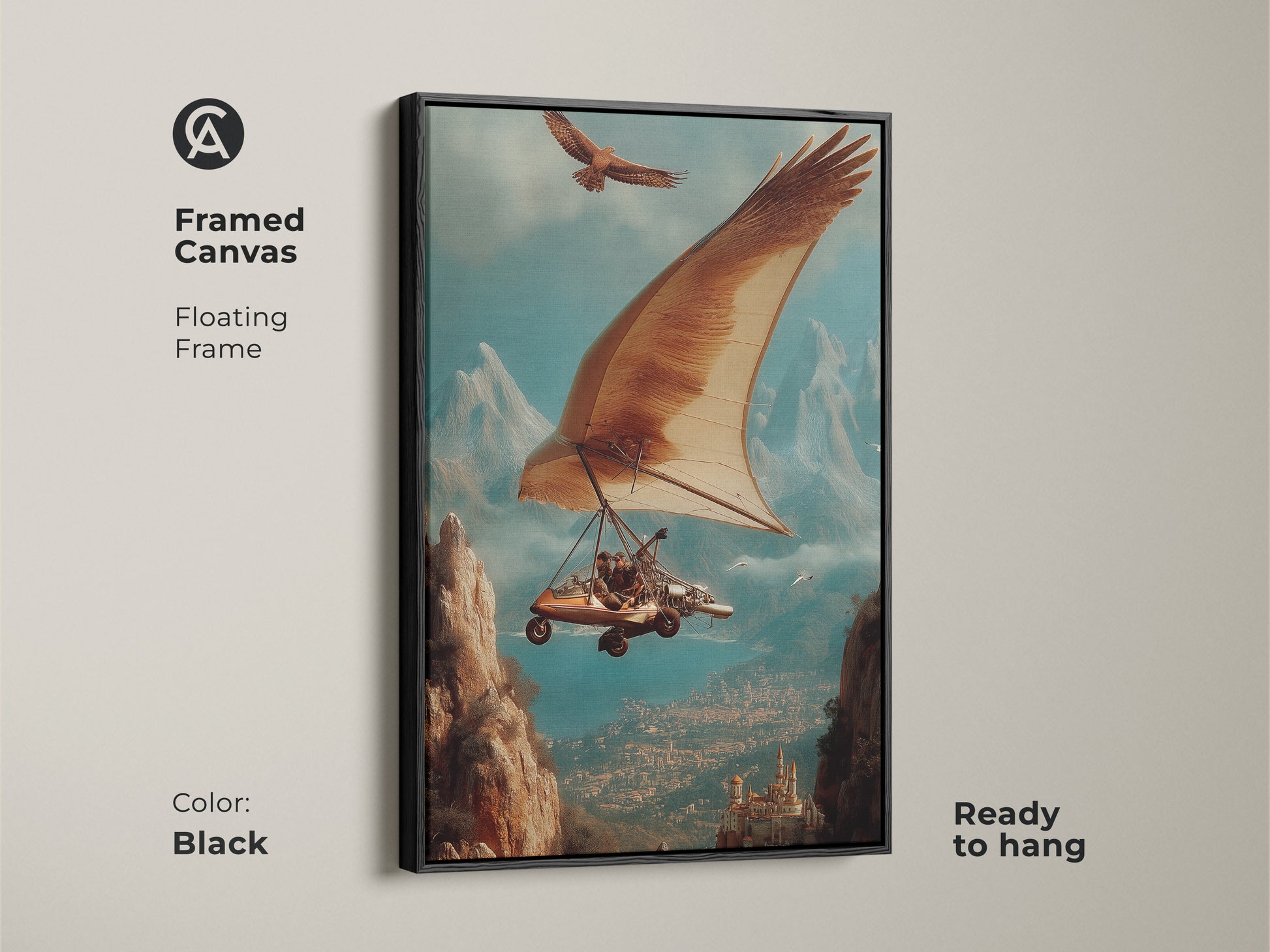 Framed Canvas in brown presenting surreal hang glider art with an eagle. The brown blue and teal tones create an epic adventure art. It makes unique eclectic living room decor. Enhances any office study wall. Perfect nature transportation theme. A statement piece ready to hang.