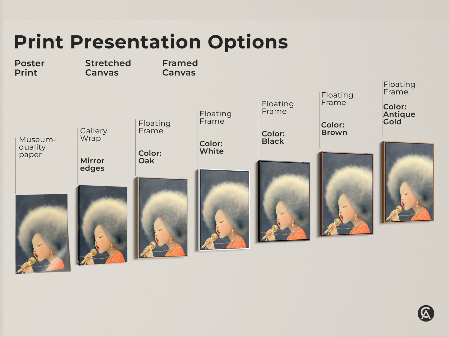 Explore our print presentation options. Choose from poster prints to stretched canvas and framed canvas. Find the perfect style for your Afro Singer artwork. The eclectic music decor includes gallery wrap and floating frames.