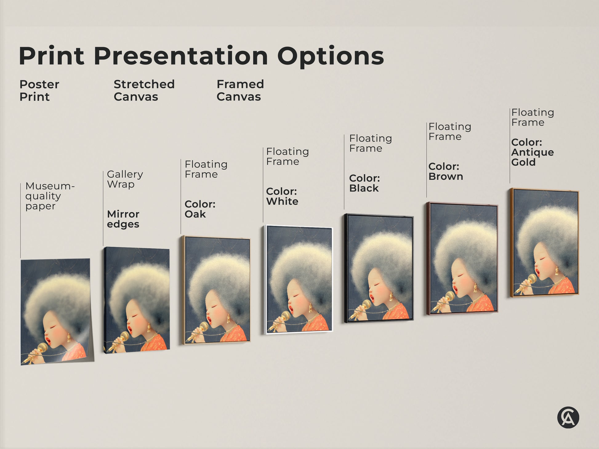 Explore our print presentation options. Choose from poster prints to stretched canvas and framed canvas. Find the perfect style for your Afro Singer artwork. The eclectic music decor includes gallery wrap and floating frames.