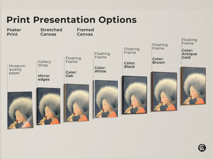Explore our print presentation options. Choose from poster prints to stretched canvas and framed canvas. Find the perfect style for your Afro Singer artwork. The eclectic music decor includes gallery wrap and floating frames.