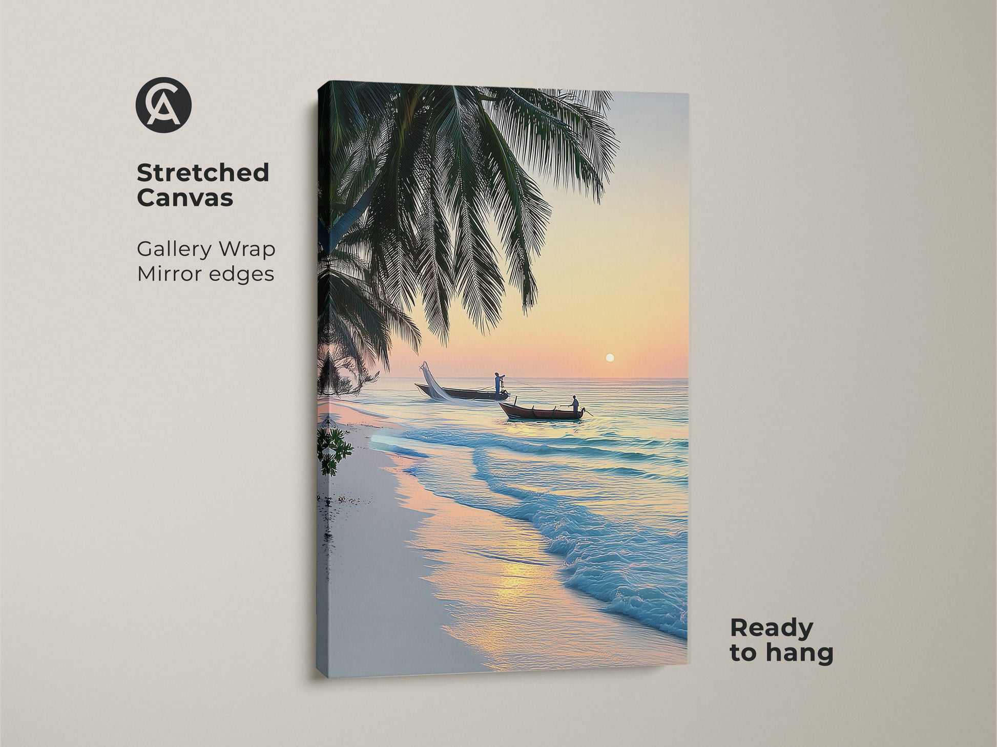Stretched canvas print shows a tropical beach sunrise with palm trees. Two boats with fishermen are on the turquoise ocean. This coastal art is ready to hang and enhances any beach themed decor.