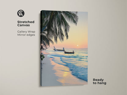 Stretched canvas print shows a tropical beach sunrise with palm trees. Two boats with fishermen are on the turquoise ocean. This coastal art is ready to hang and enhances any beach themed decor.